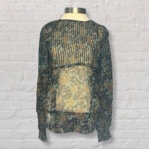 Veronica Beard Silk Floral Sheer Long Sleeve Black Blue Long Sleeve Blouse Sz 4